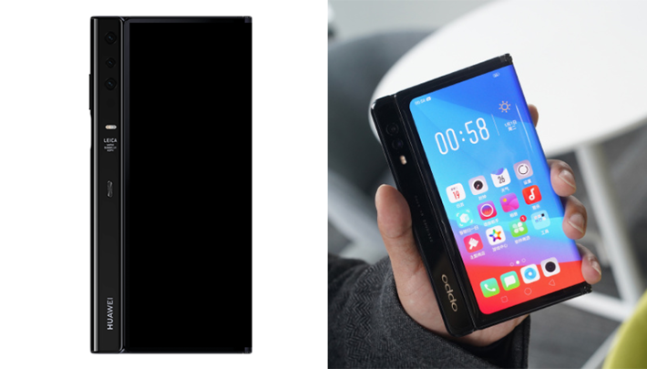 Huawei 日前發表的 Mate X （左） 與沈義人貼文中的 Oppo 摺屏手機看來很相似
