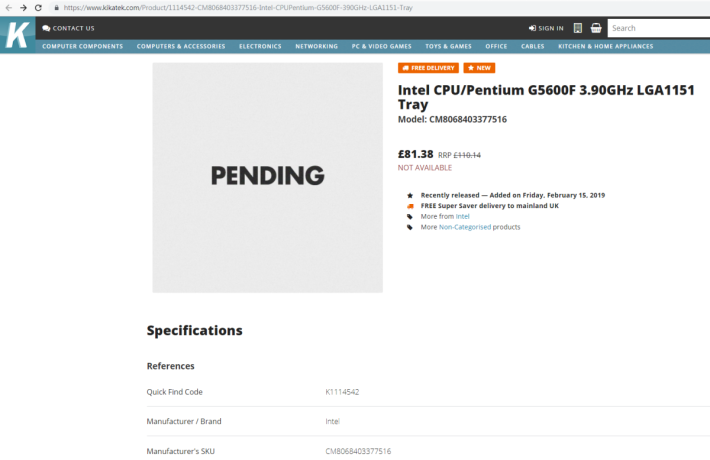 Intel Pentium G5600F CPU 於英國網商 Kikatek 曝光。