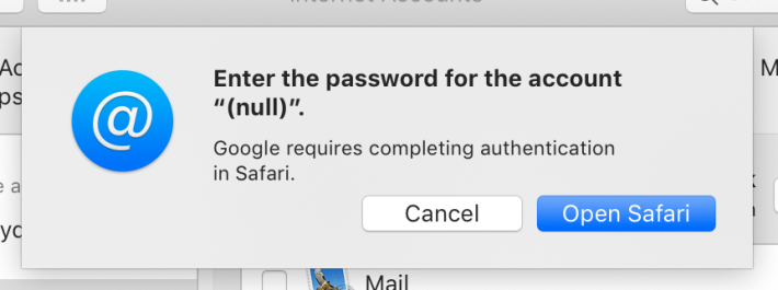 登入 Gmail 帳戶時出現這個對話框要求「 null （空值）」帳號的密碼