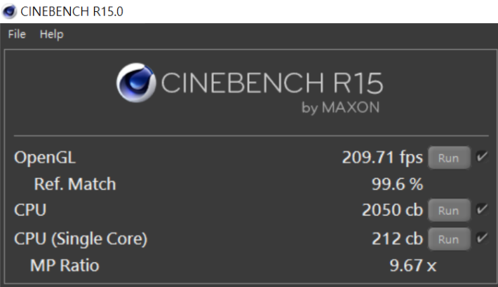 在《Cinebench R15》多 CPU 得分達 2,050 分，主要歸功於 Core i9-9900K CPU 之助。