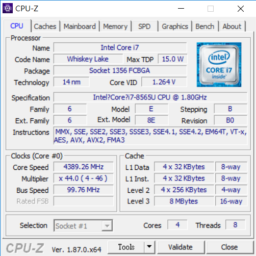 Intel Core i7-8565U 採用 4 核心 8 線程。