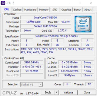 Intel Core i7-8850H 為 6C /12T。
