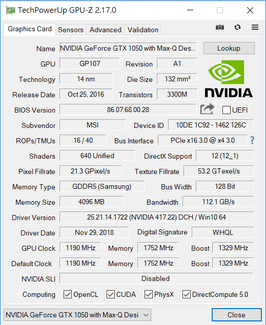 NVIDIA GeForce GTX 1050 為 Max-Q 版，專為輕薄筆電而設。