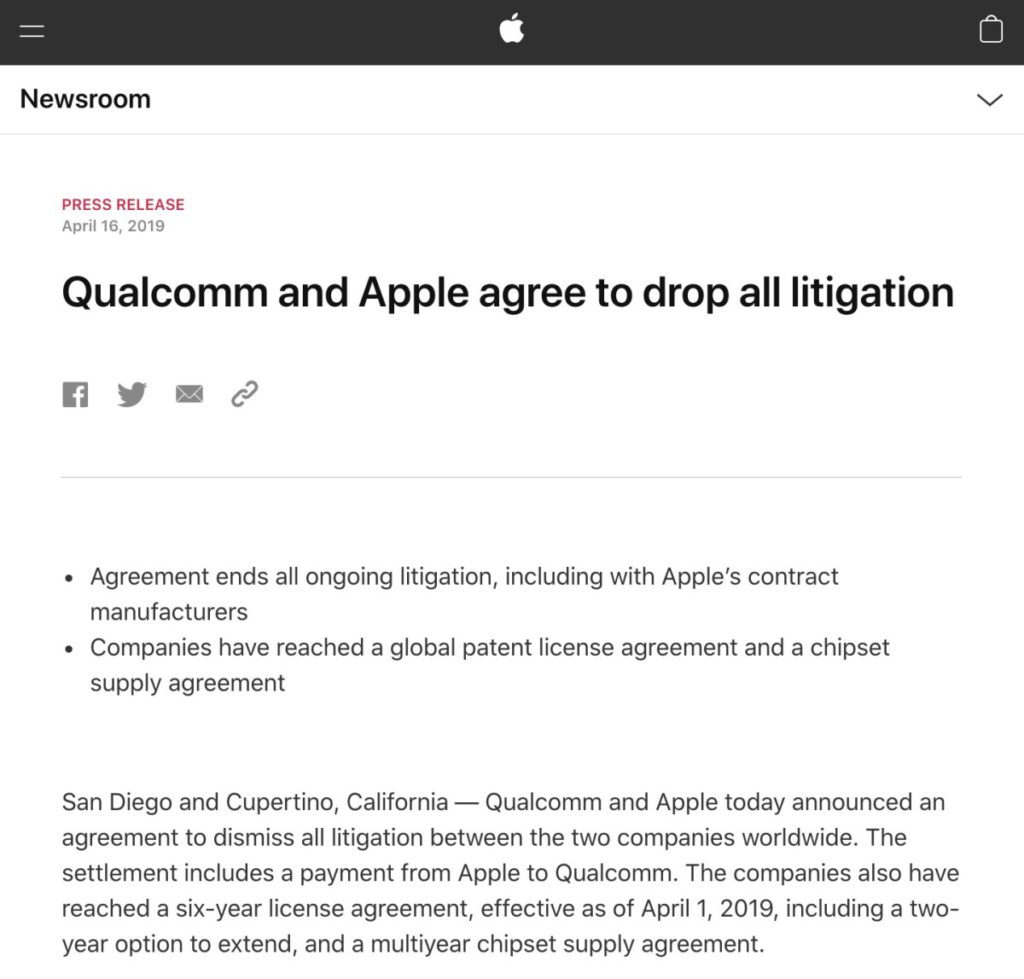 經過多年爭拗後，Apple 最終在 2019 年與 Qualcomm 達成和解，並簽訂 6 年合約。