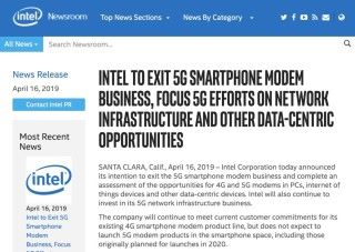 Intel 發表聲明，宣布退出 5G 手機 Modem 業務，專注於電腦及物聯網裝置等非手機 5G 網絡基建。