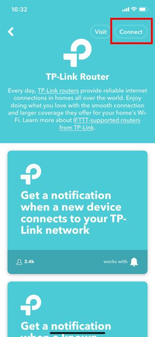 Step 1: 於《 IFTTT 》 App 的 TPLink Router 頁面中按 Connect ；