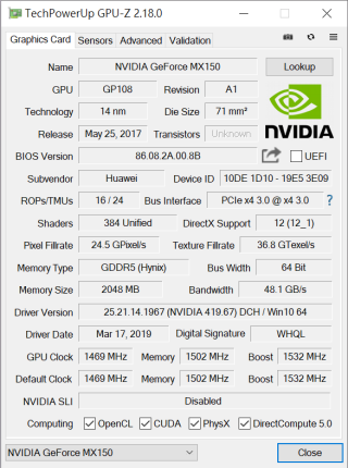 採用 NVIDIA MX150 獨顯。
