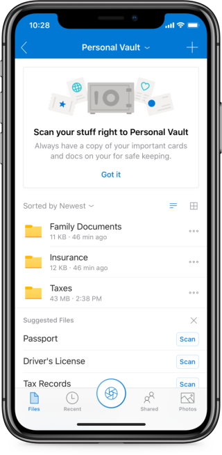 手機程式可以直接將掃描的文件、相片或影片儲存在 Personal Vault 。