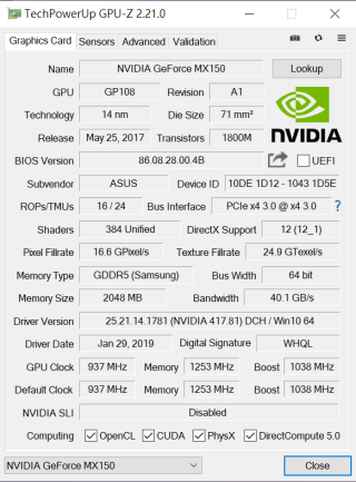 搭載 NVIDIA GeForce MX150 顯示卡。