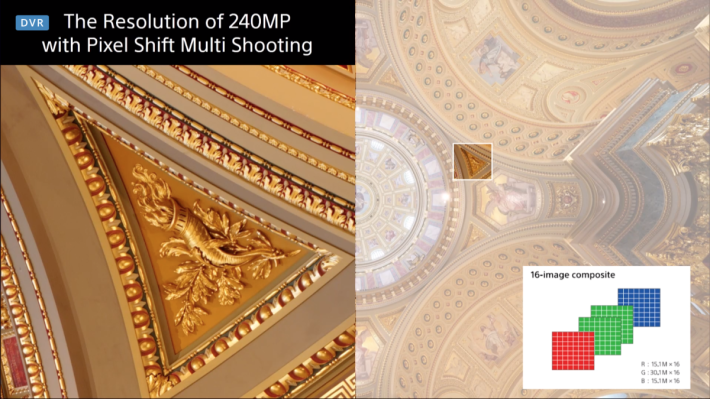 ．A7R IV 可以透過拍攝16張Pixel Shift 相片，運算成一幅 240MP 的超過解像相片。