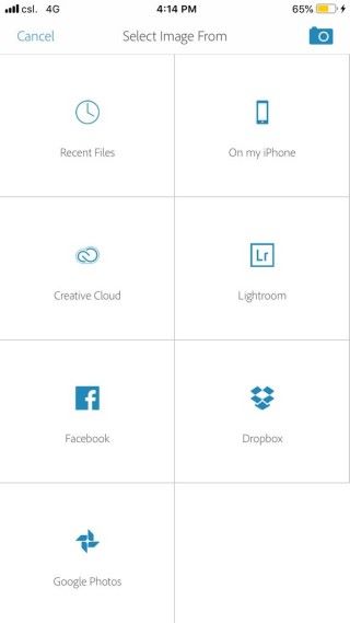 進入挑選照片的面板（見右圖）後，用戶可選擇從手機儲存裝置、社交網絡、Creative Cloud 及其他雲端空間匯入照片進行調整。本教學將直接從手機儲存裝置匯入照片。