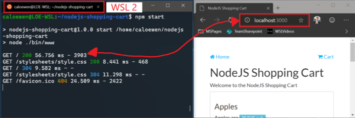 用戶可以在 WSL 2 裡開啟 NodeJS 服務，然後在瀏覽器以 localhost 來存取。