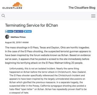 Cloudflare CEO Matthew Prince 發表貼文，解釋終止支援 8chan 的原因。