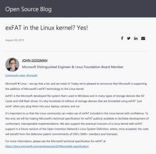 身兼 Linux 基金會董事局成員的 Microsoft 工程師 John Gossman 宣布 Microsoft 官方支援 Linux 內核加入對 exFAT 的支援