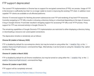Google 早前公布取消 Chrome 對 FTP 的支援