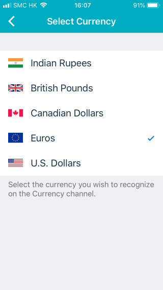 「Currency」功能裡只有五款紙幣可辨識。