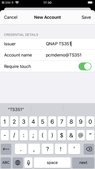 9. 完成掃描後 Yubico Authenticator 會列出資料，如果想確保是「人類操作」才能取得一次性密碼的話，可以開啟「 Require touch 」功能。按「 Save 」就可以將 NAS 的兩步驟驗證密鑰儲存在手機裡；