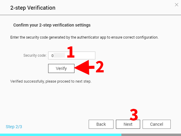 11. 回到電腦，輸入 Yubico Authenticator 上顯示的一次性密碼，按「 Verify 」驗證成功後，按「 Next 」繼續；