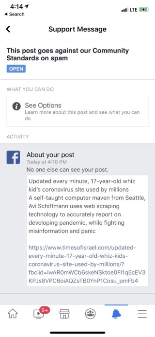 今早不少正常報道新冠肺炎的帖文被 Facebook 錯誤地標上垃圾信息標籤