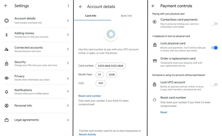 Google Card 的私隱和保安設定介面。 Google 會發給每張 Google Card 一個虛擬號碼，如果遺失了卡，就可以透過手機重置卡號甚至鎖卡。