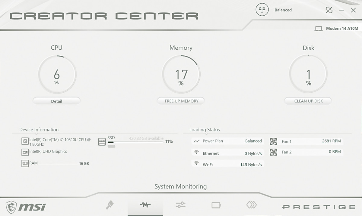 《Creator Center》亦可在電腦運行時監察 CPU 及 RAM 等系統狀況。