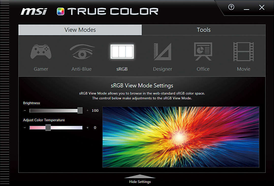 「True Color」中有六種不同模式對應多種場景。