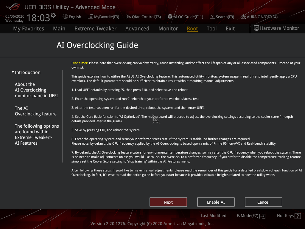 AI Overclocking Guide 頁面。主要是確認超頻可能遇到的風險。