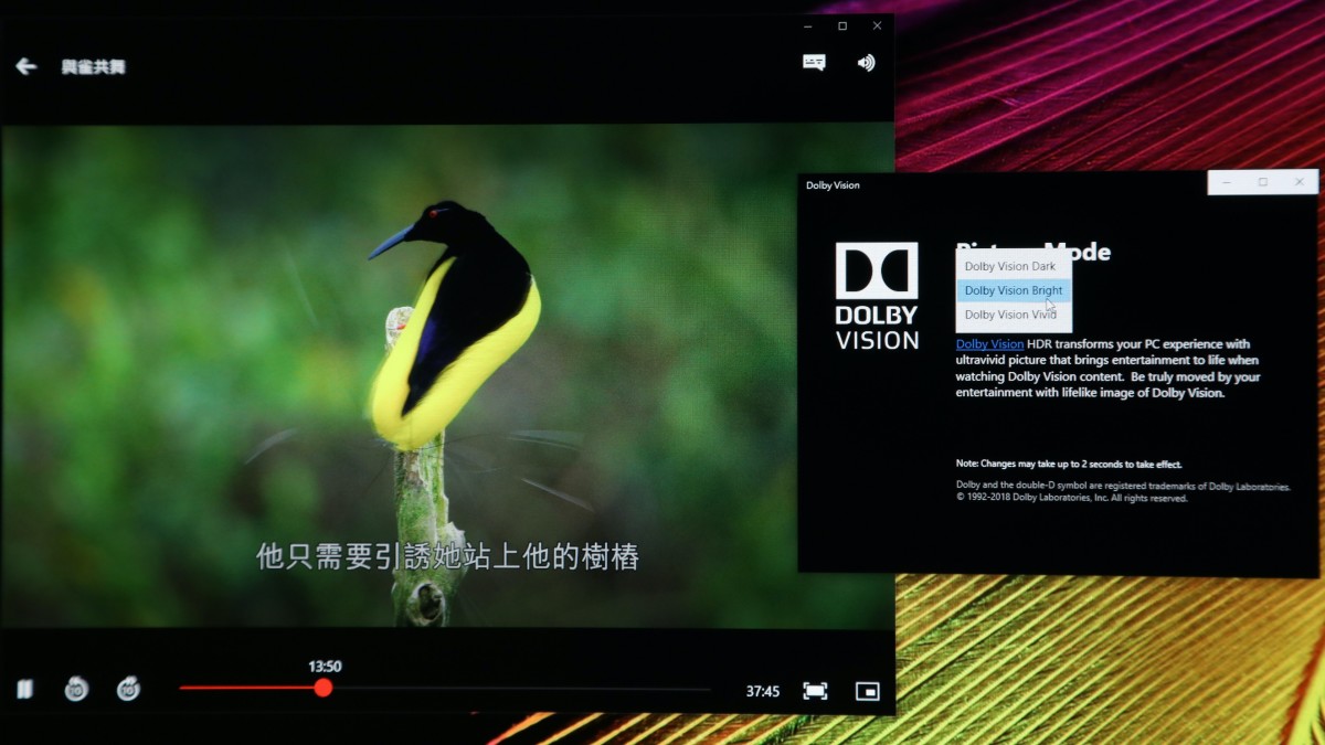 Dolby Vision影片：播放Netflix支援Dolby Vision，當播放有Dolby Vision編碼的影片可以選擇Dolby Vision顏色取向，以配合影片性質。