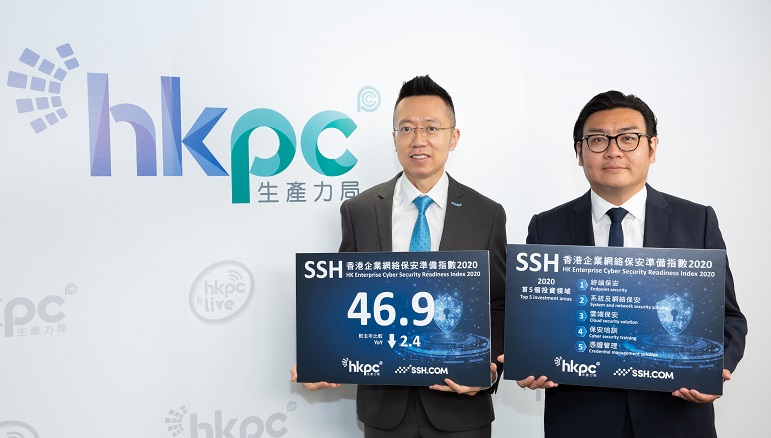 黎少斌（左）和 SSH Communications Security 亞太區副總裁何思聰公布「SSH 香港企業網絡保安準備指數 2020」調查結果，顯示今年綜合企業網絡保安準備指數較去年微跌。