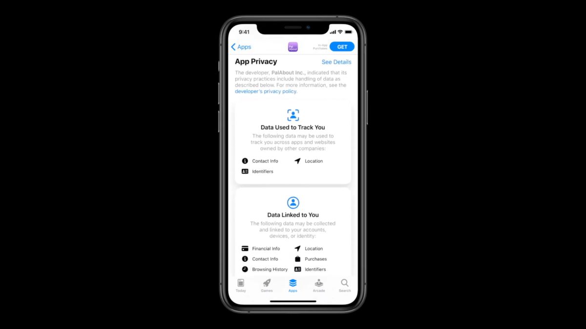 App Store 會在每個程式的頁面加入清晰的私隱標示，顯示該程式有哪些資料可能會被收集和連結到用戶的帳戶，或者用來追踪用戶。用戶可以在下載程式之前先了解該程式有沒有私隱問題。