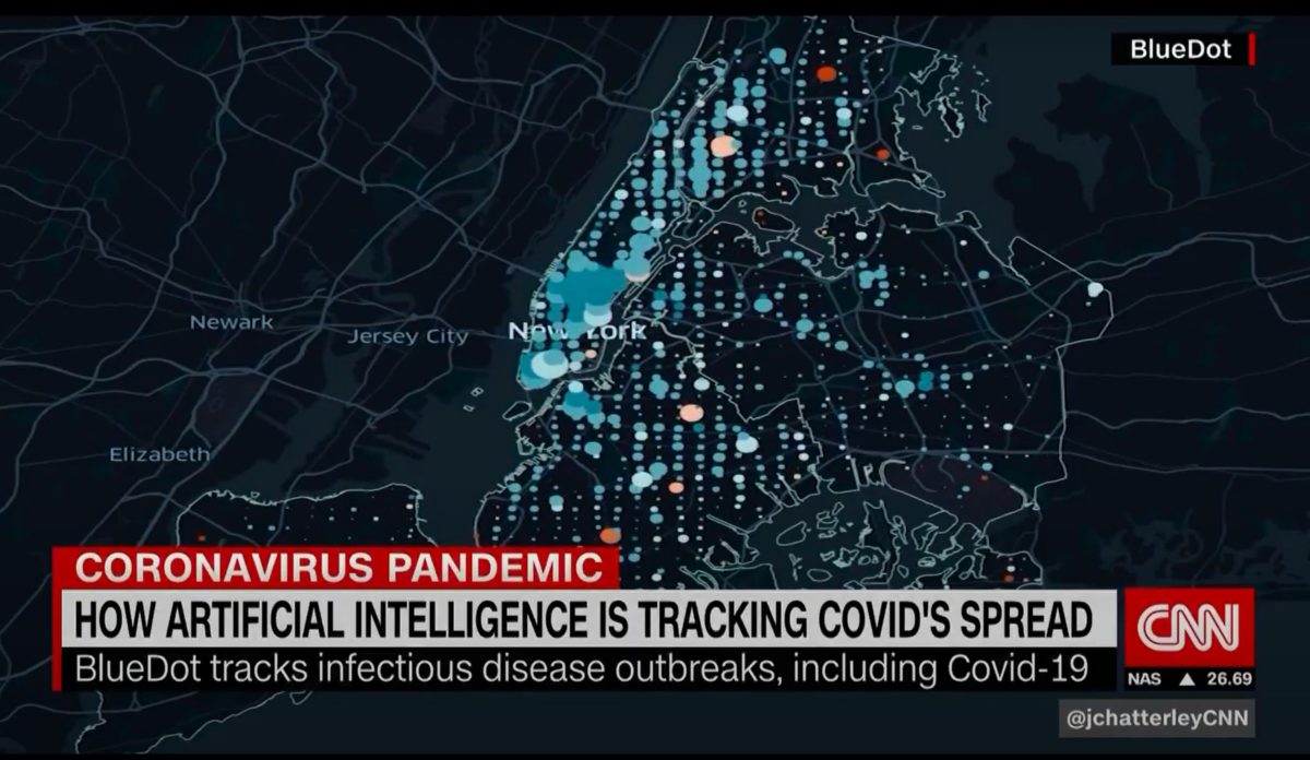 BlueDot 可以即時顯示出感染人口及人多的地方。