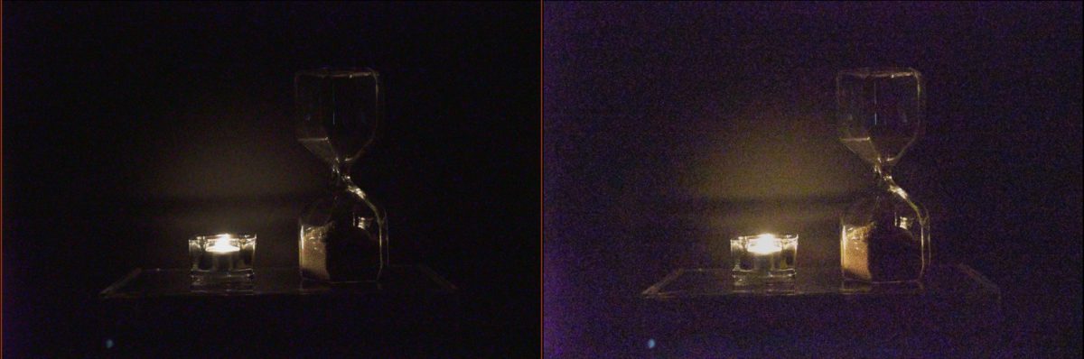低光拍攝比較（ ISO 409600 、 1/100s ）：（左） A7sIII 、（右） A7sII （擷取自預覽畫面）。