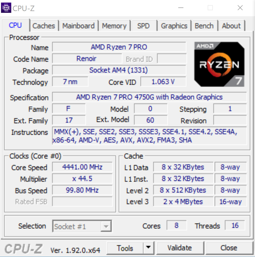 CPU-Z程式顯示桌面版Ryzen 7 PRO 4750G，Stepping仍然為1。