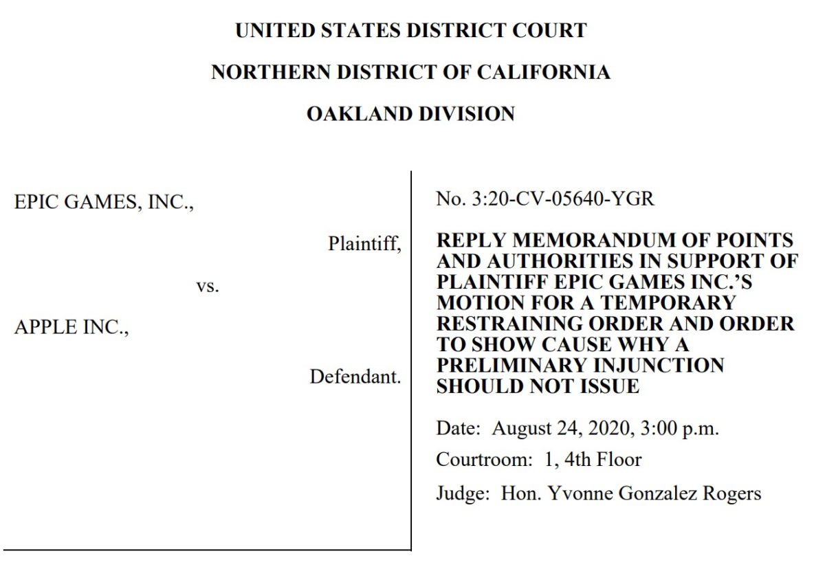 Epic Games 在開審前遞交補充文件，請求法院發出臨時禁制令阻止 Apple 注銷他們的開發者帳戶。