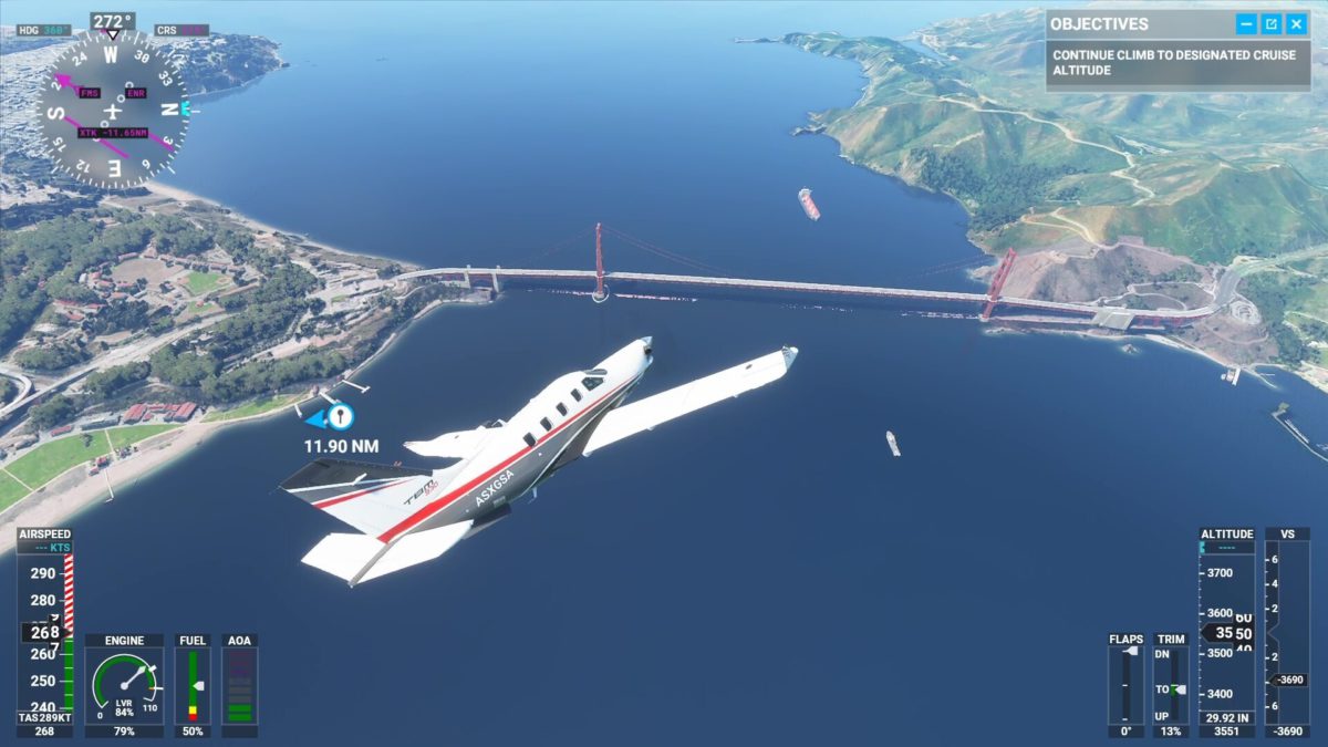 Microsoft Flight Simulator 2020 飛越金門橋，可以看出這 30 多年來個人電腦技術上的進步。
