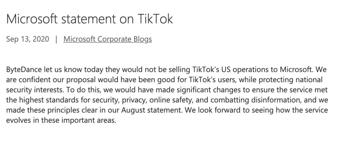 Microsoft 發表聲明，承認收購 TikTok 失敗。