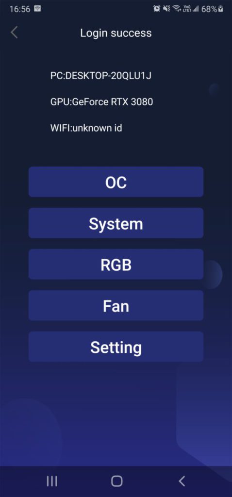 進入主頁面，可見有 OC 、 System 、 RGB 、 Fan 及系統設定等。