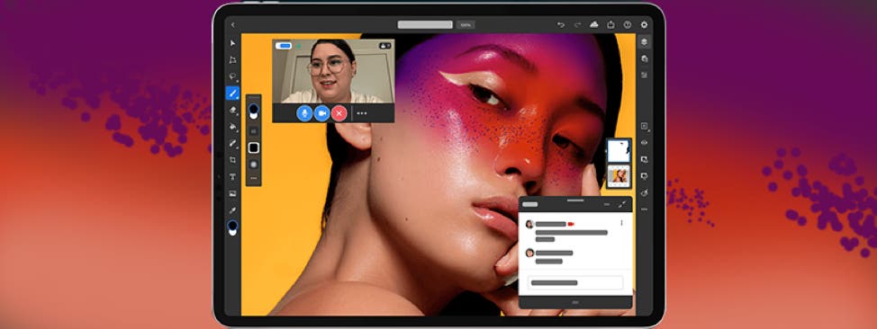 iPad 版 Photoshop 的串流直播功能同時提供對話窗讓 Adobe Behance 用戶與創作人交談。