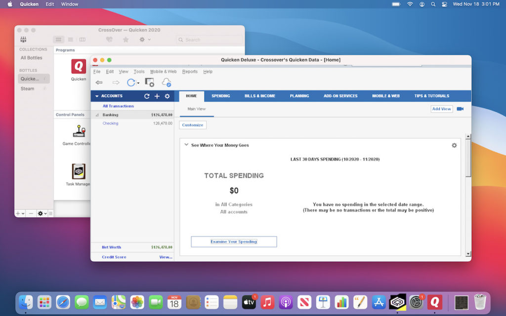 會計軟件 Quicken 也可以透過 CrossOver 和 Rosetta 2 在 Apple Silicon Mac 上運行。