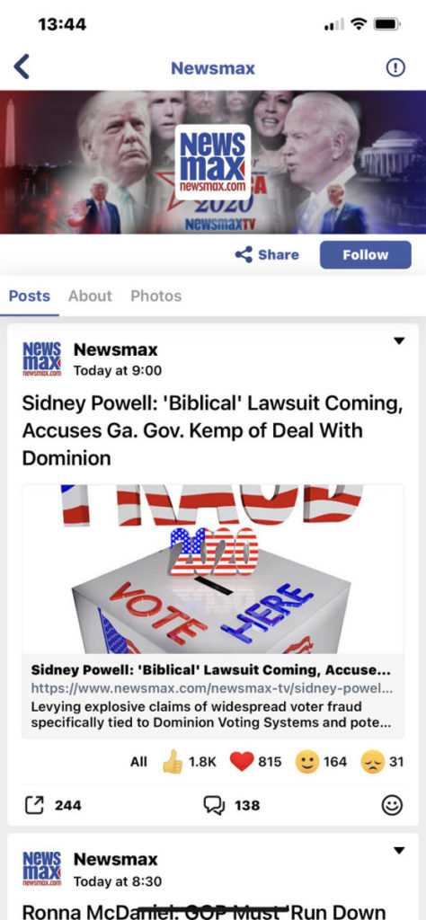 NewsMax 是其中一家被 Facebook 及 Twitter 嚴重打壓的新聞機構，最終亦選擇落戶 MeWe 。