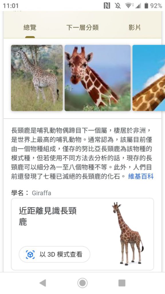 於 Sony XA2 輸入 Giraffe ，反倒可取得顯示 3D 模型。
