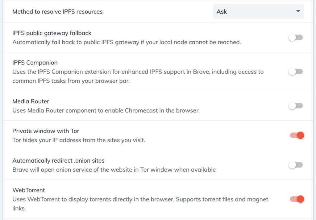 Brave 瀏覽器中有關 IPFS 的選項