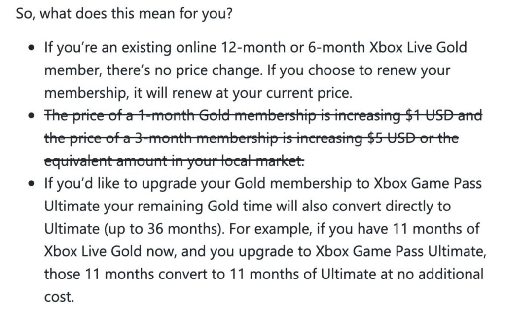 Xbox 將原本聲明中有關加價的一段劃去。