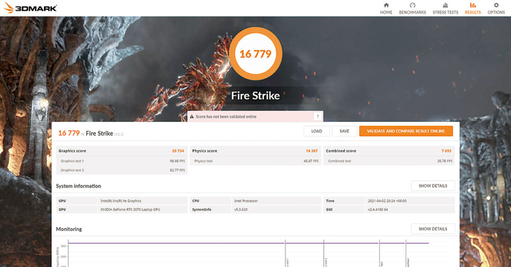3DMark Fire Strike取得16,779分，效能良好。