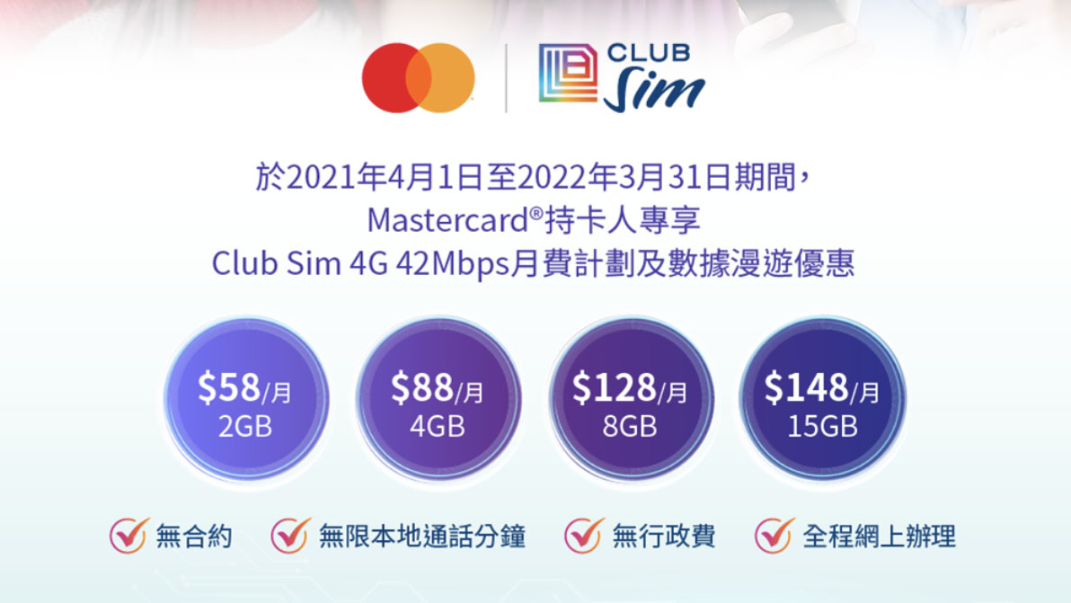 用 Mastercard 入手 Club Sim 計劃優惠　價錢折扣再送數量流量
