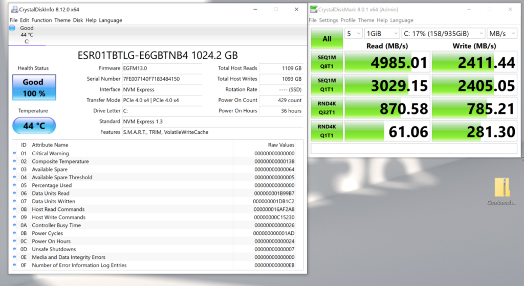 Core i7-11800H 筆電平台所用的 Gen4 NVMe SSD 工作溫度為 44 ℃，並不算高。
