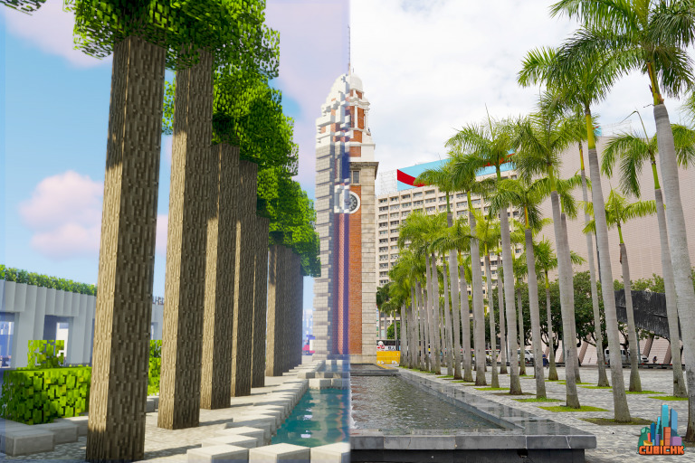 （左）Minecraft 世界中的尖沙咀鐘樓；（右）尖沙咀鐘樓