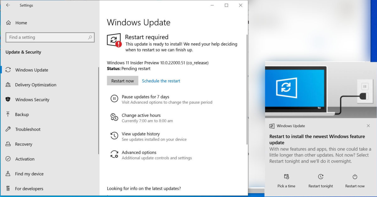 10. 回到「 Update & Security ＞ Windows Update 」重新檢查有沒有更新的話，就會發現有 Windows 11 Insider Preview 10.0.22000.51 (co_release) 的更新，更新時間約需 1 小時，完成後會詢問你何時重啟電腦；