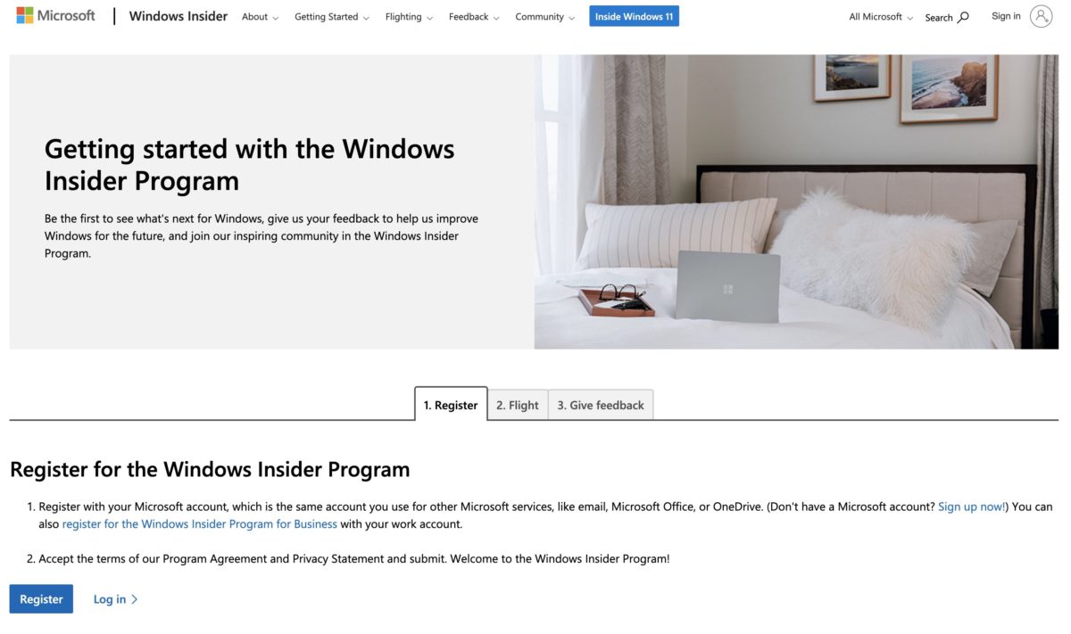1. 首先到 https://insider.windows.com/en-us/getting-started#register ，按「 register 」掣以在 Windows 10 登入的、 Windows 10 License 的 Microsoft 帳戶登入；