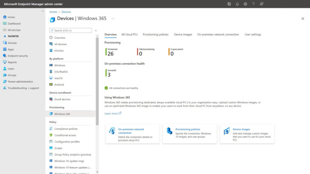 管理員可透過 Microsoft Endpoint Manager 來管理 Windows 365 的部署。